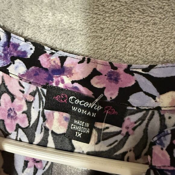 NWT Cocomo Woman Top 1X Roll Tab Sleeves Purple Floral Popover Wrinkle Free Plus - Picture 8 of 10